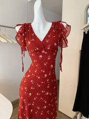 Cyflymder  Women's Summer Elegant V Neck Ruffles Sleeve Floral Long Dress Lady Streetwear Holiday Strap Slim Long Dress