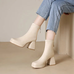 Cyflymder Beige Women Ankle Boots Platform Square High Heel Ladies Short Boots Patent PU Leather Round Toe Women's Boots