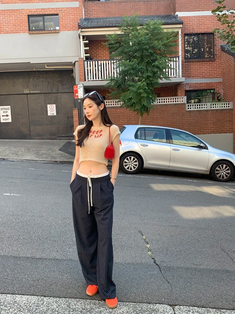 Cyflymder  Korean chic spring retro niche splicing high waist lace up versatile slim striped casual pants wide leg pants long 2025 New