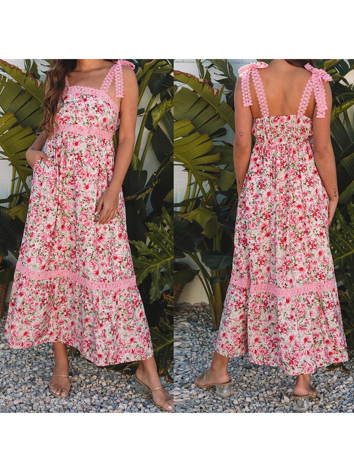 Cyflymder  Elegant Maternity Dress with Floral Print Lace Details Tie Shoulders Backless Design Tiered Ruffles and Pockets