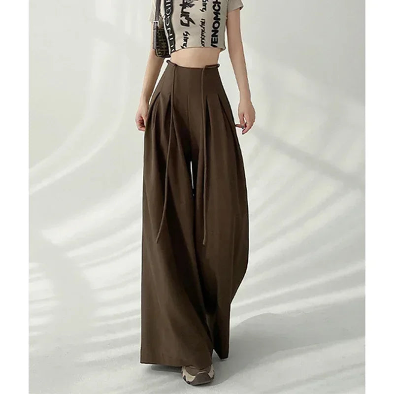 Cyflymder  Streetwear Wide Leg Pants Women Korean Black High Waist Suit Pants Summer Fashion Elegant Lace Up Straight Trousers New