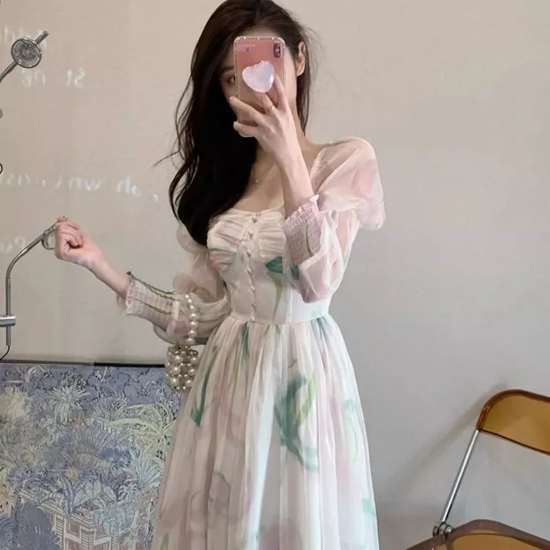 Cyflymder  Dresses Women Floral Printed Square Collar Puff Long Sleeve French Style Chic Temperament Elegant Dress Female Fashion