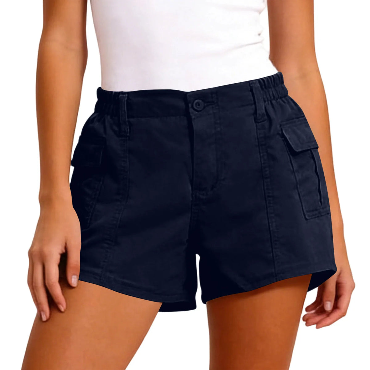 Cyflymder  Women's Straight-leg Denim Shorts (non-stretch), Trendy Cargo Denim Shorts, Solid Color High-waisted Shorts with Pockets