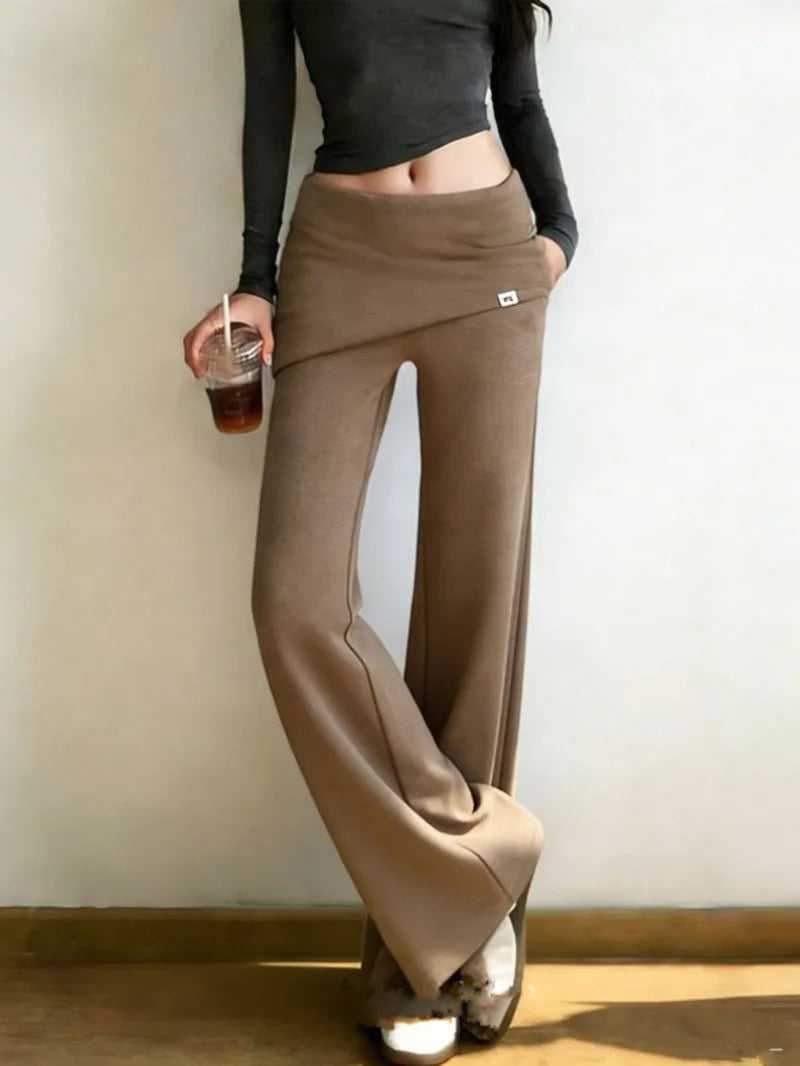 Cyflymder  Korean Spring Coffee Sports Long Flare Pants Women Retro Chic Daily Trendy High Waist Loose Thin Splice Straight Trousers 974A