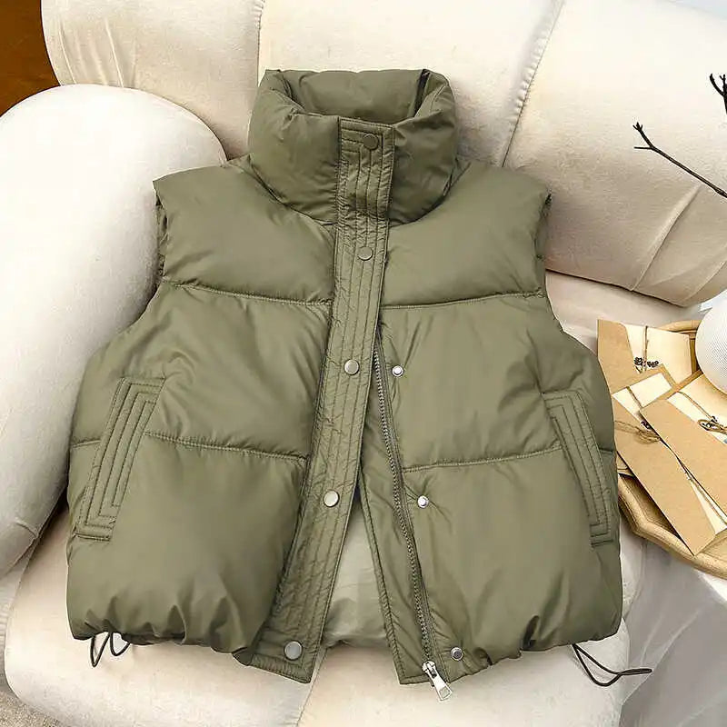 Cyflymder WINTER OUTFITS Women Casual Solid Warm Sleeveless Vest Coat Mock Neck PU Thicken Jacket Button Up Loose Women Down Jacket Autumn Winter