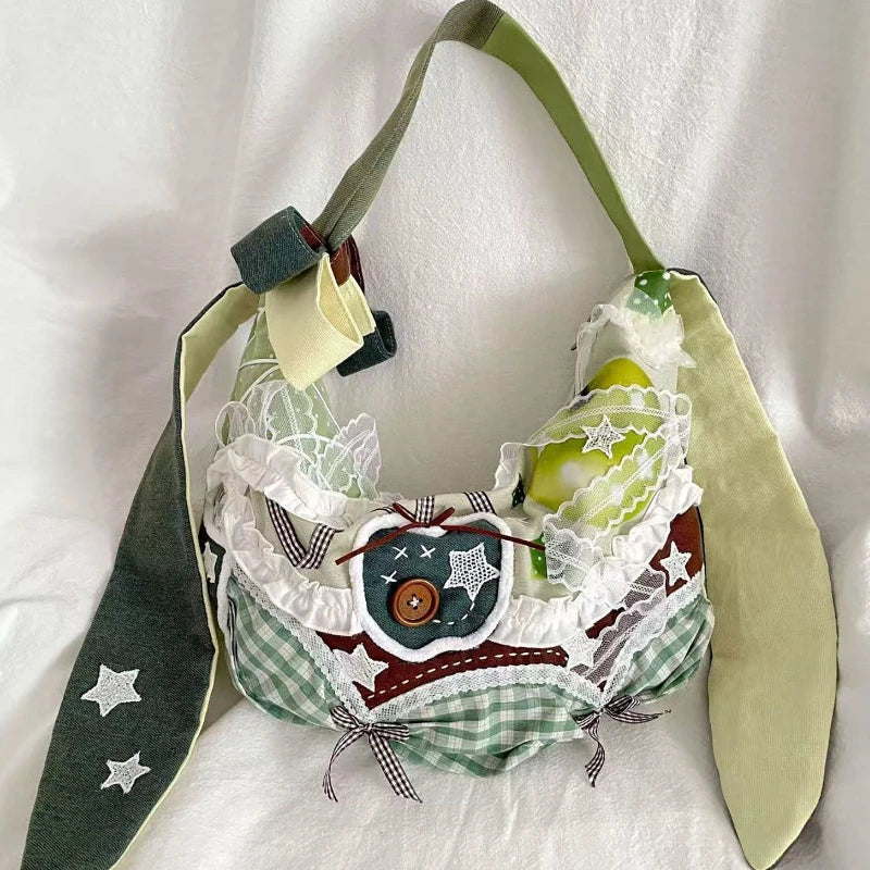 Cyflymder  Harajuku Y2k Aesthetic Ins Underarm Bag Women Contrast Color Plaid Rabbit Ear Canvas Bag Grunge Patchwork Lace Shoulder Handbags