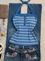 Cyflymder  Summer Sling T-shirt Y2k Crop Top Goth Punk Vintage Stripe Halter Sexy Woman Clothes Vest American Harajuku 2000s Tank Top Chic