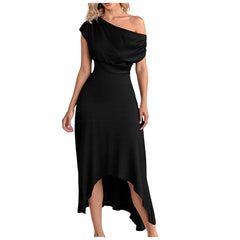 Cyflymder  Irregular One Shoulder Long Dress For Wedding Short Sleeve High Waist Evening Party Dress Women Bodycon Sexy Cocktail Dress
