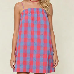 Cyflymder  Women Y2k Gingham Mini Cami Dress Boho Graphic Spaghetti Strap Flowy Short Dress Cute Summer Holiday Sundress