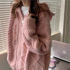 Korean Knit Cardigan Hooded Women Fashion Winter Casual Loose Zipper Thick Sweater All Match Female Streetwear Coats New Cyflymder