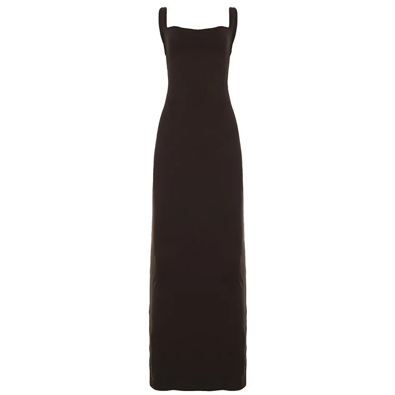 Cyflymder  Elegant Backless Maxi Dress Women Brown Cowl Neck Sleeveless Bodycon Floor Length Evening Party Vacation Resort Fashion Gown