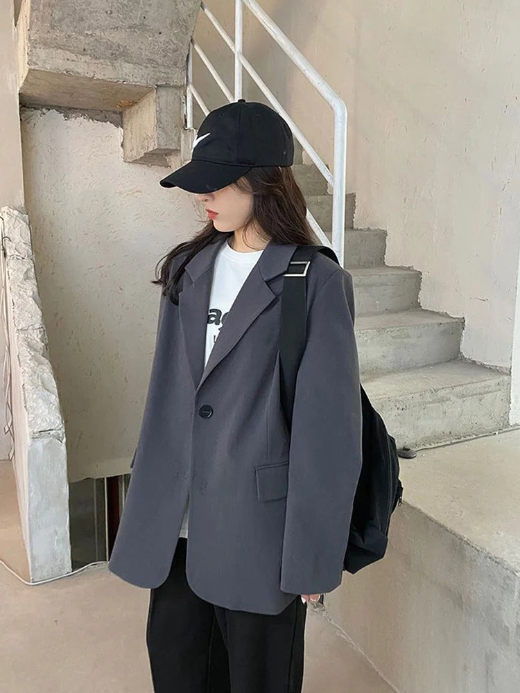 Cyflymder  Harajuku Grey Blazer Coat Women Korean Loose Single Buttons Jacket Preppy Style Casual Long Sleeve Lady Simple Spring Coat