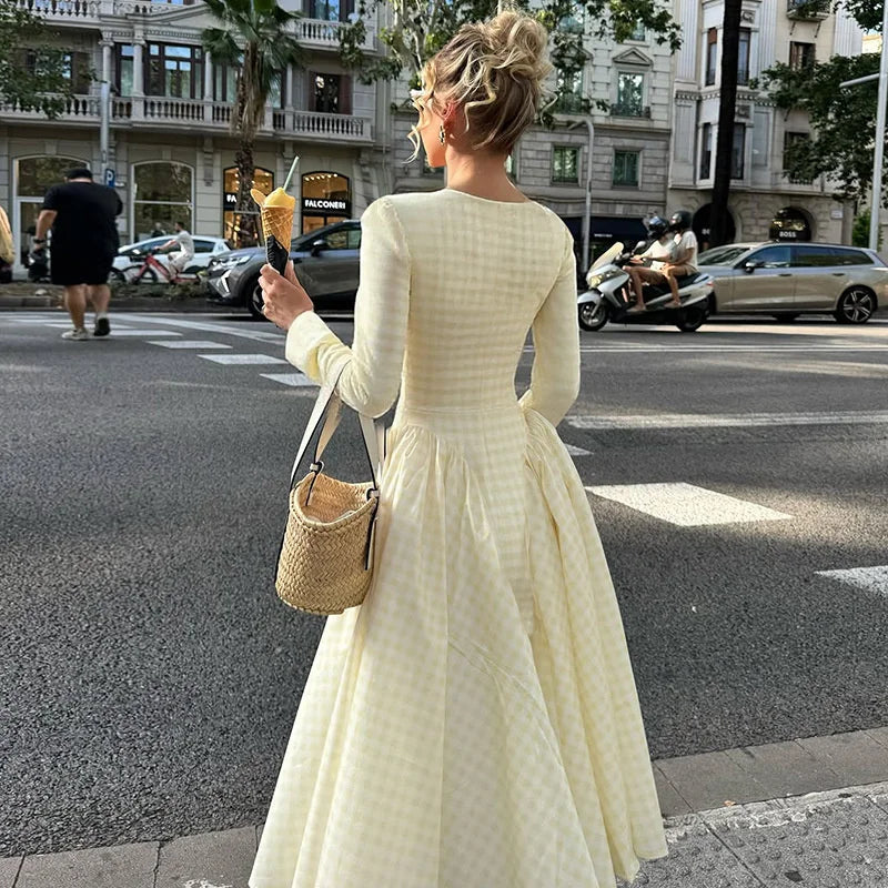 Cyflymder  Plaid Long Sleeve Pleated Maxi Dress For Women Autumn Fashion Square Collar High Waist A-line Club Party Long Dress New