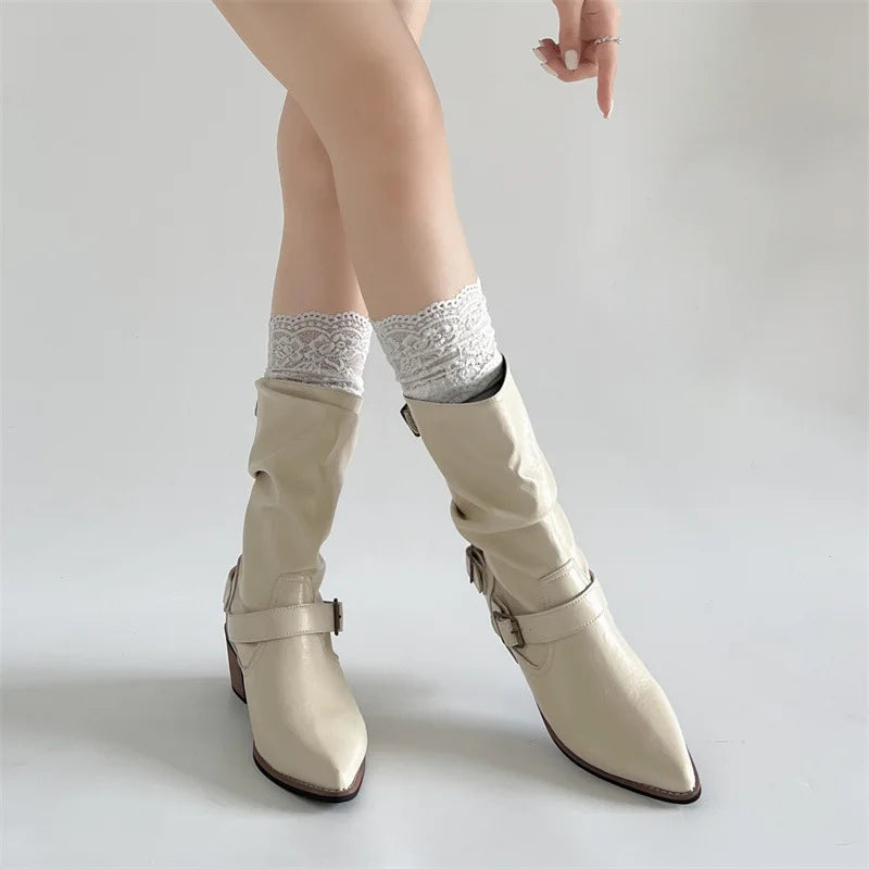 Cyflymder  Autumn Winter Women Western Cowboy Boots Vintage Slip On Thick Heel Shoes Ladies Mid Calf Botas Zapatos De Mujer