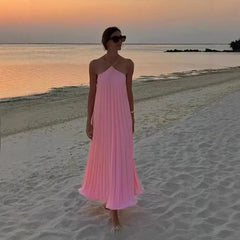 Cyflymder  Summer New Loose Sleeveless Wrap Chest Dress Polyester Fabric Pleated Pure Color Midi Skirt Style Comfortable Independent Sta...