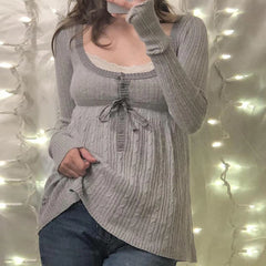 Cyflymder  Women Y2K Fairy Grunge Sweater Aesthetic Button Up Babydoll Knitted Milkmaid Pullovers Tops Autumn Cottage Tunic Knitwear