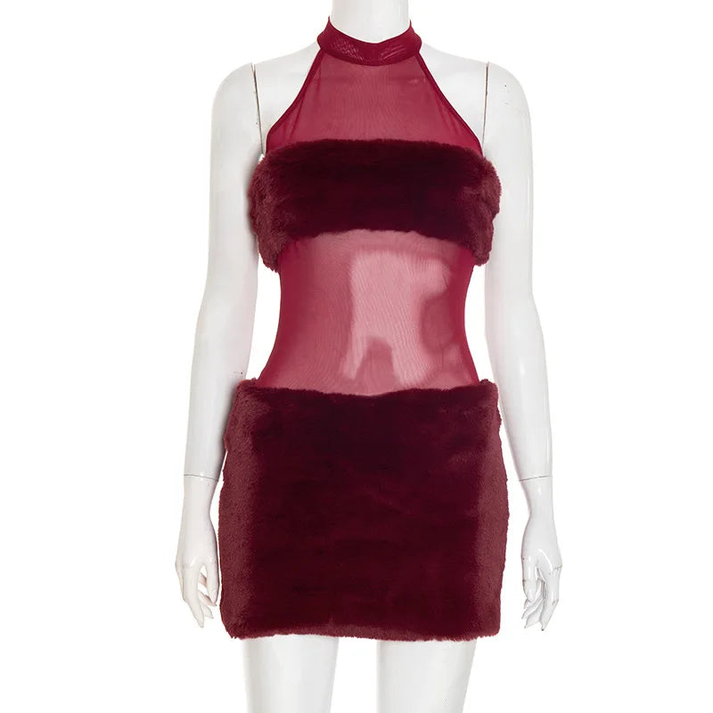 Cyflymder  Sexy Me See-tough Patchwork Fur Bal Svel High-waisted Autumn Winter D25DS357 Cross-border Floral Dress