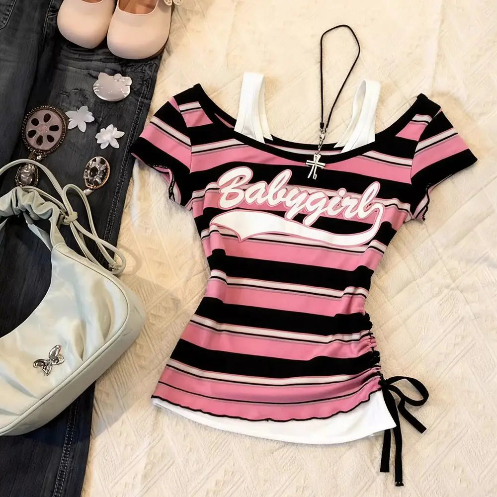 Cyflymder  Woman Clothes T-shirt Y2k Fake 2Piece Slim Goth Punk Vintage Streetwear Stripe Backless Print Crop Top Harajuku Summer 90s Chic