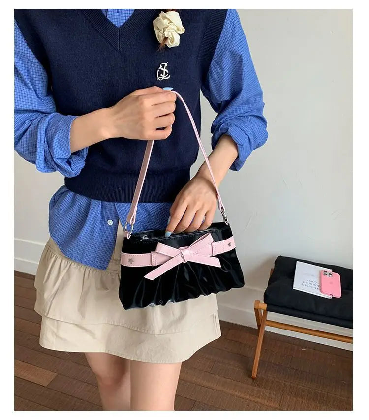 Cyflymder  Korean Hot Girl Bow Studded Handbag Women Simple Design Sweet Shoulder Bag Ladies Elegant Fashion Underarm Purse Y2k Aesthetic