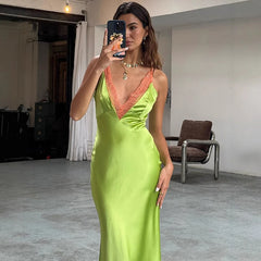 Cyflymder  Sexy Lace Slip Dress Women Summer New Lace Trim V-Neck Slim Tourist Beach Straps Long Dress Female Leisure Banquet Dress