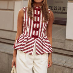 Cyflymder  Striped Mandarin Collar Frog Button Ruffle Trim Top Striped Single‑breasted Summer Women Blouse Versatile Casual Lady Office Top