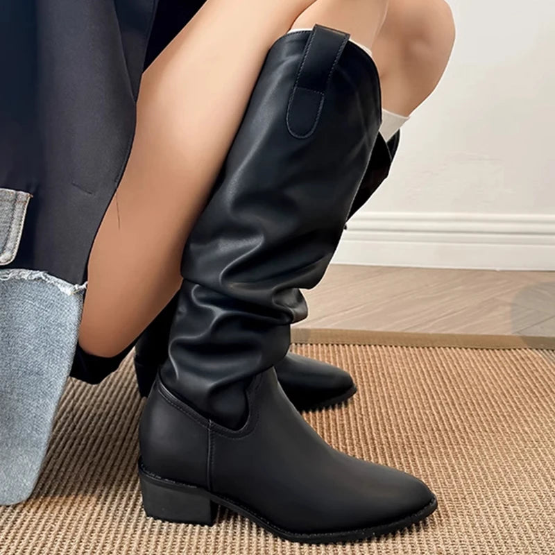 Cyflymder  Autumn Winter Vintage Woman Knight Knee High Boots Shoes Ladies Concise Slip On Western Cowboy Botas