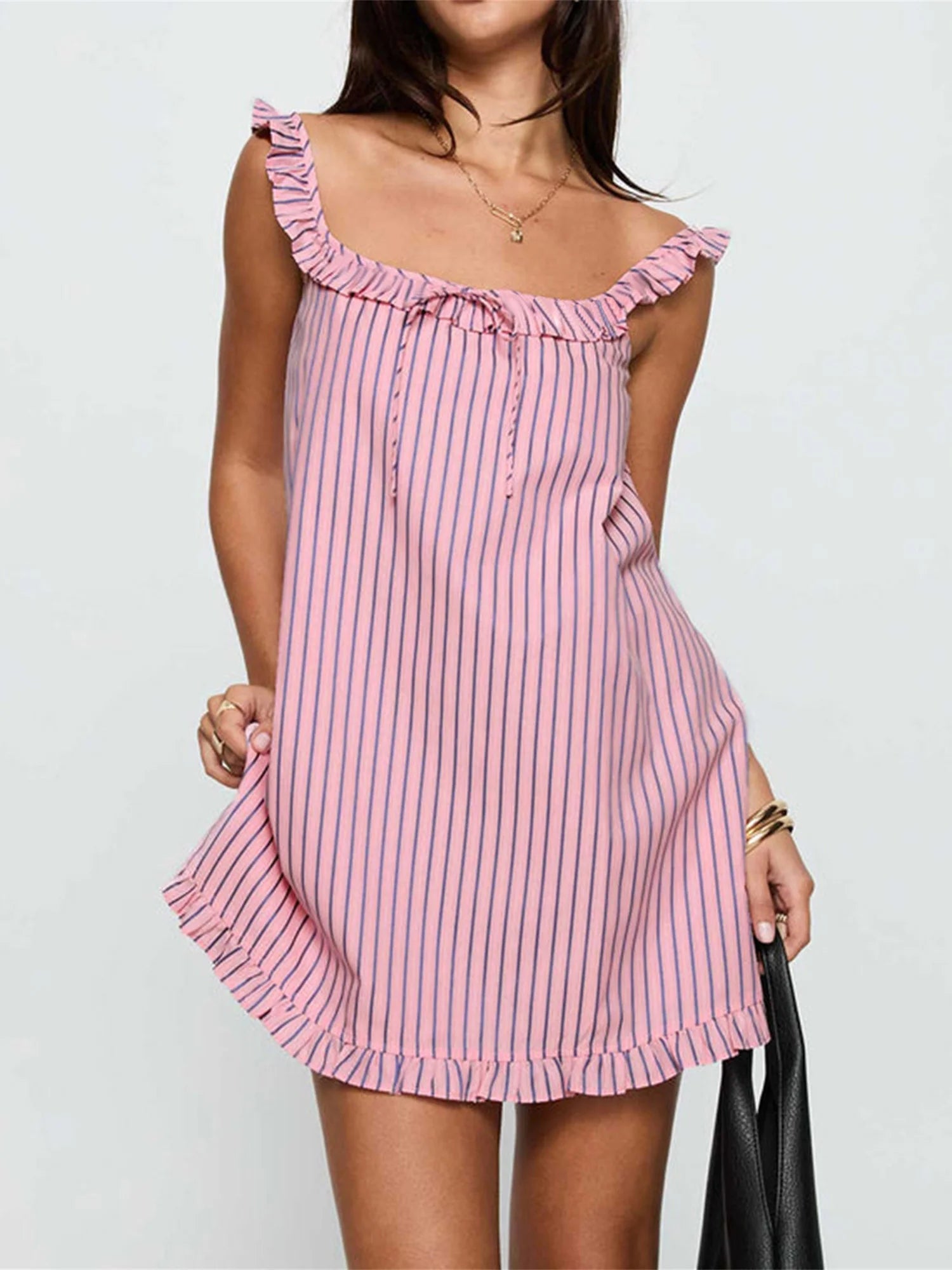 Cyflymder  Sleeveless Square Neck Tie-up Front Frill Trim Short Dress Women s Loose Mini Dress Summer Babydoll Dress with Flattering Fit
