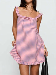 Cyflymder  Sleeveless Square Neck Tie-up Front Frill Trim Short Dress Women s Loose Mini Dress Summer Babydoll Dress with Flattering Fit