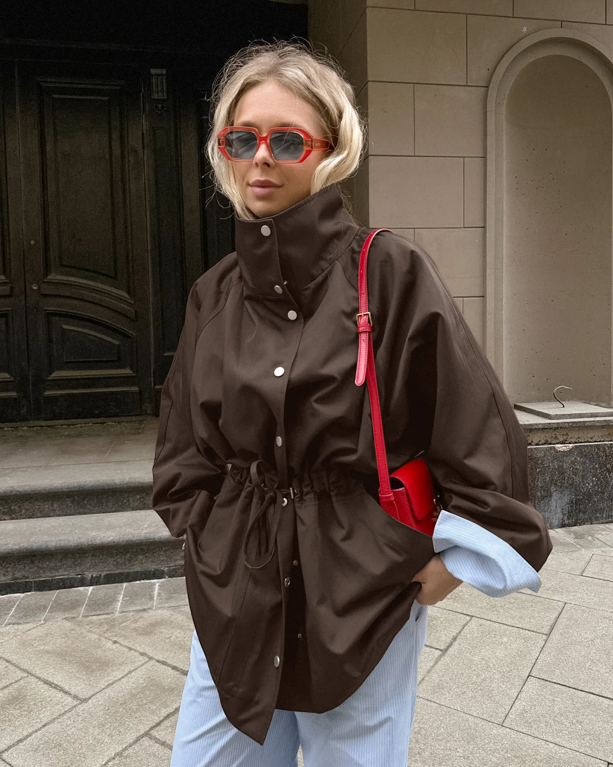 Cyflymder   Women Solid Waist-tied Belted Trench Coat Casual Style Long Sleeved Lapel Button Loose Jacket Autumn Street Commuting Coats