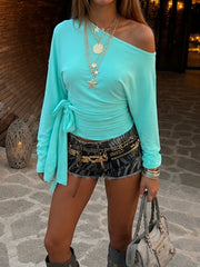 Cyflymder   Y2k Temperament Slim-waist Bandage Solid Off Shoulder Skew Collar Long Sleeve Women's T-shirts