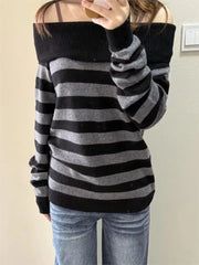 Cyflymder  Slash Neck Striped Sweaters for Woman Spring Black Grey Long Sleeve Knitted Pullover Top Casual Vintage Preppy Style Jumper