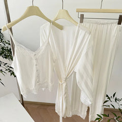 Cyflymder  Sexy Lace Trim Women Pajama Set 3PCS Faux Silk Robe Sleeveless Top Long Pant HomeWear Spring Summer Nightwear Elegant Loungewear