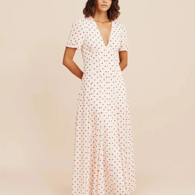 Cyflymder  Casual Short Sleeve High Waist Swing Dress French Style Seaside Vacation Maxi Dress Fashion Polka Dot Print V-neck Evening Dress