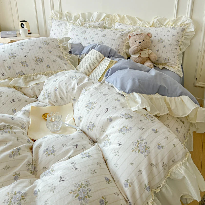 Cyflymder  Floral Print Korean Style Princess Lace Ruffles 100% Cotton Bedding Set Duvet Cover Bed Sheet/Fitted Sheet Pillowcases 3/4Pcs