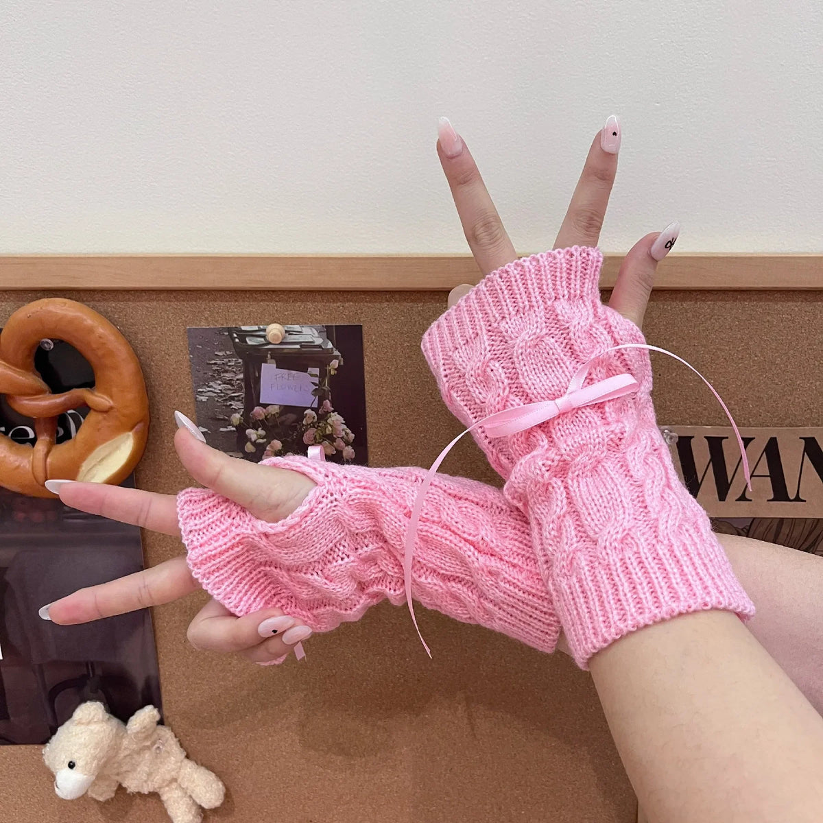 Cyflymder  New Sweet Cool Lolita Cute Bowknot Half Fingerless Gloves Ribbon Bow Sleeves Subcultural Fake Sleeves Knitted Hand Sleeves