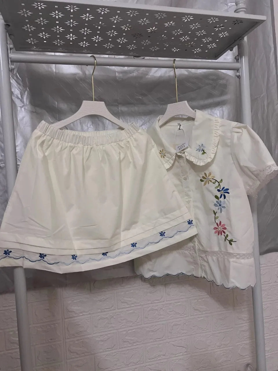 Cyflymder  2 Piece Sets Women Outfit Kawaii Lace Floral Embroidery Short Sleeve Shirts Vintage Cute Mini Skirt Summer New In Matching Sets