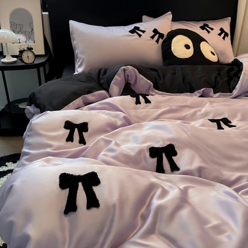 Cyflymder  Nordic Style Rayon Silk Bow Embroidery Bedding Sets Ice Silk Duvet Covers Bed Sheet Pillowcases Queen/king Bedclothes for Summer