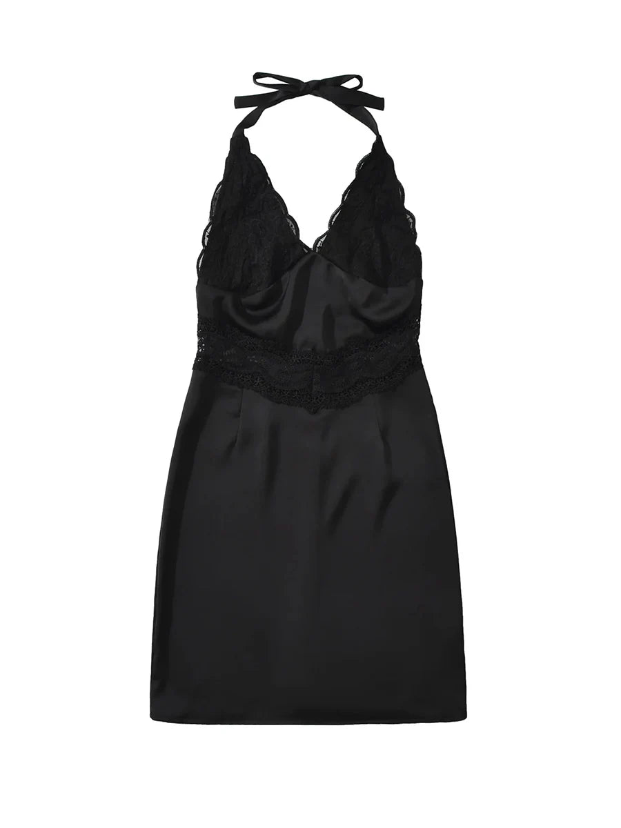 Cyflymder  Sexy Patchwoek Lace Sheer Dress for Women Halter Sleeveless High Waist Backless Bodycon Fashionable Dresses Female