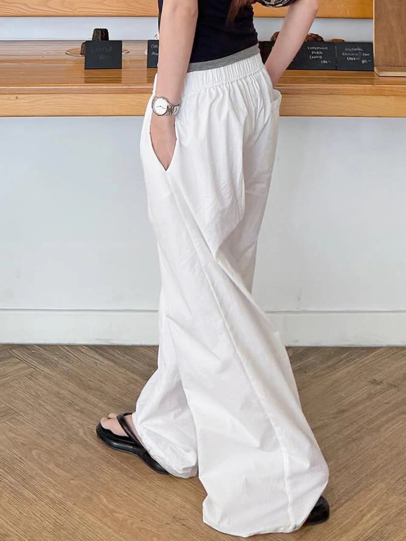 Cyflymder  Casual Solid Wide Leg Pants Basic Button Mid-Waisted Straight Pants Women 2025 Streetwear Kpop Sporty Activewear Lady