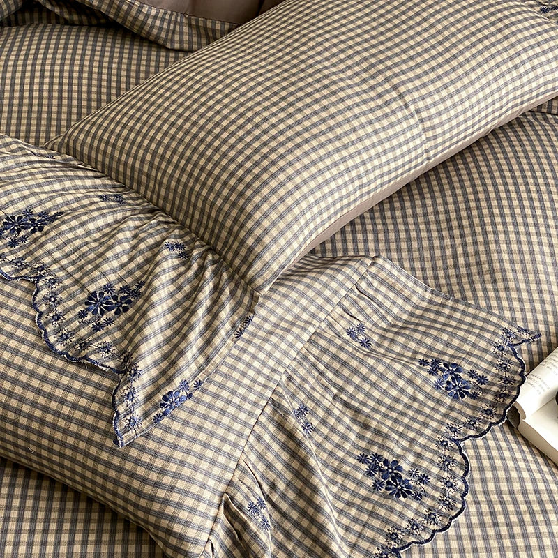 Cyflymder  Flowers Embroidery Ruffles Plaid Bedding Set Double Layer Crepe Yarn Pure Cotton Duvet Cover Flat/Fitted Bed Sheet Pillowcases