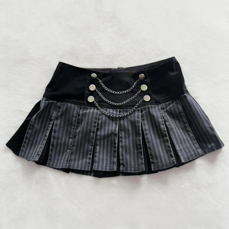 Cyflymder  Fashion Punk Chain Design A-line Skirts Y2k Aesthetic Constrast Color Spliced Pleated Women Jupe Harajuku High Street Skirt