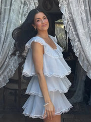 Cyflymder  Solid Chiffon Layered Lace Trim Dress Short Sleeves Square Neck Loose Fit Women Dresses Lady Chic Cusual Street Vestidos