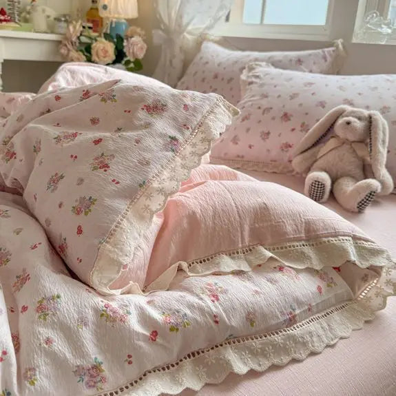 Cyflymder  Korean Style Girly Heart Floral Double Layer Gauze Four-Piece Set Princess Style Lace Trim Quilt Cover Bed Sheet Dormitory