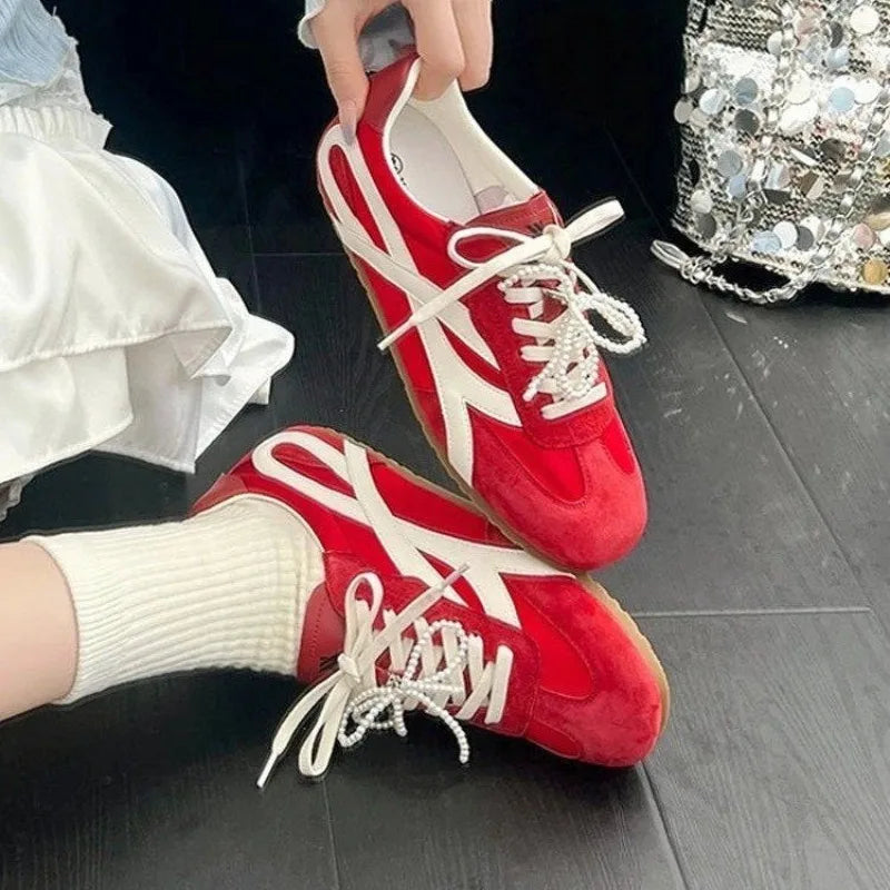 Cyflymder  Women Eyelet Lace-up Round Toe Colorblock Sneakers Autumn Women Casual Daily Flats Shoes 2025 Korean Style Spring Autumn