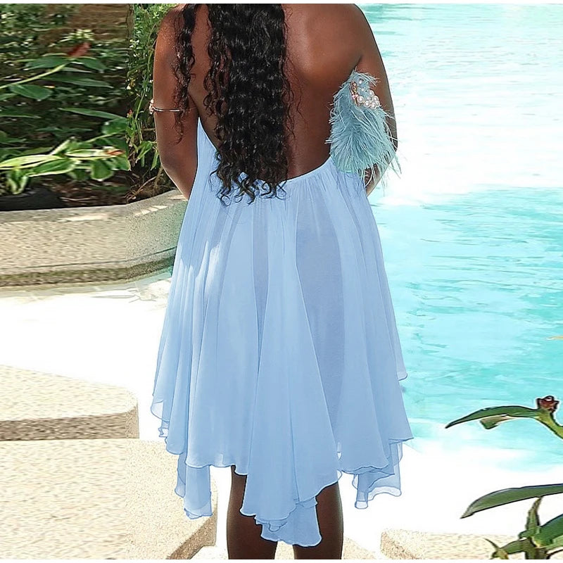 Cyflymder  Halter Pleated Backless Irregular Mini Dress Women Off Shoulder Sexy Big Swing A-line Holiday Dresses 2025 Summer Party Robe