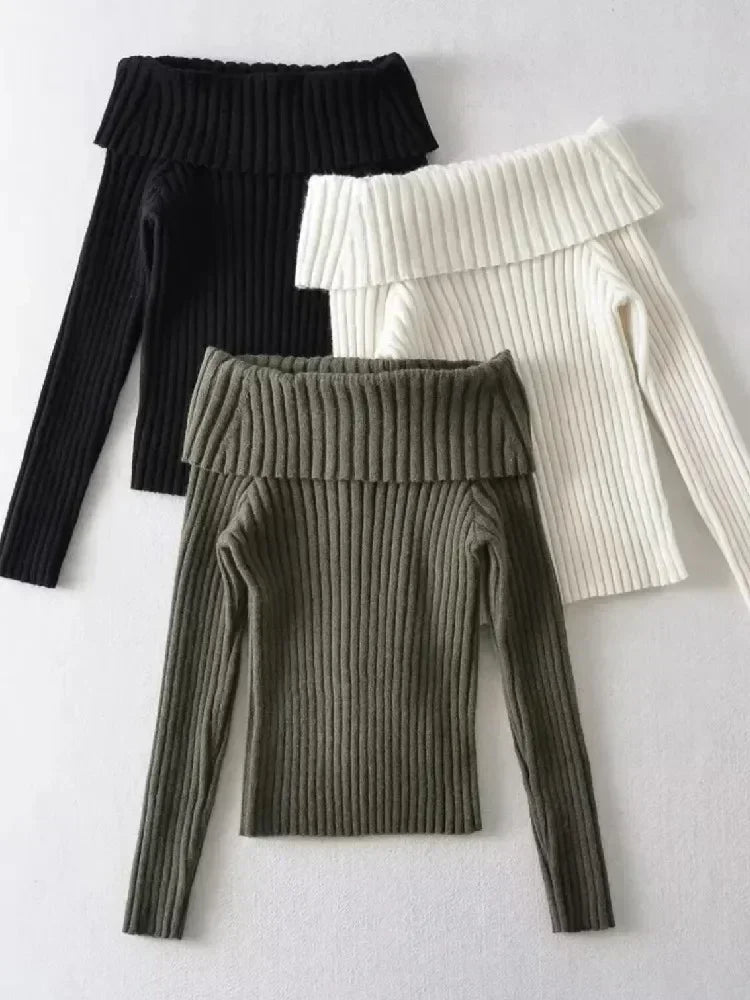 Cyflymder WINTER OUTFITS Autumn Winter Rib Knitted Off The Shoulder Pullover Sweater Sexy Women Full Sleeve Sweater Pullovers Elegant Jumpers