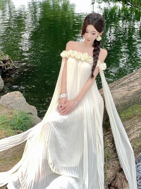 Cyflymder  One-shoulder Dr with 3D Floral Embroidery Beach Vaion Long White Gown Morning Robe Ceremony Dress