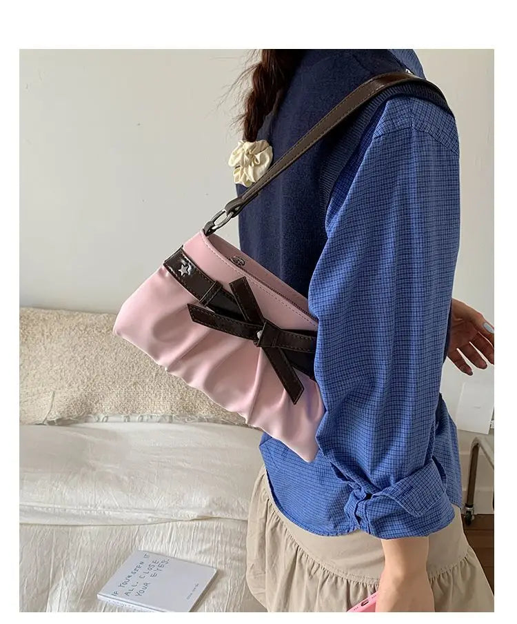 Cyflymder  Korean Hot Girl Bow Studded Handbag Women Simple Design Sweet Shoulder Bag Ladies Elegant Fashion Underarm Purse Y2k Aesthetic