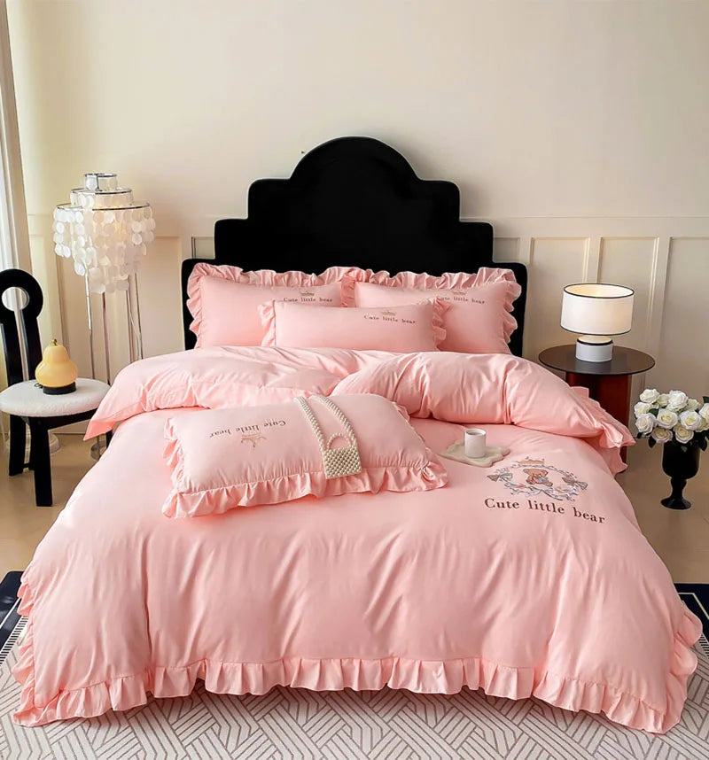 Cyflymder  French Embroidered Bed Skirt Bedding Sets Washed Cotton Knitted Bedclothes with Ruffled Edges Universal Size Textile Supplies