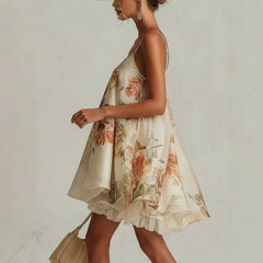 Cyflymder   New Arrival: Floral Print Oversized Cami Dress - French Style Lace Trim Asymmetrical Vacation Dress